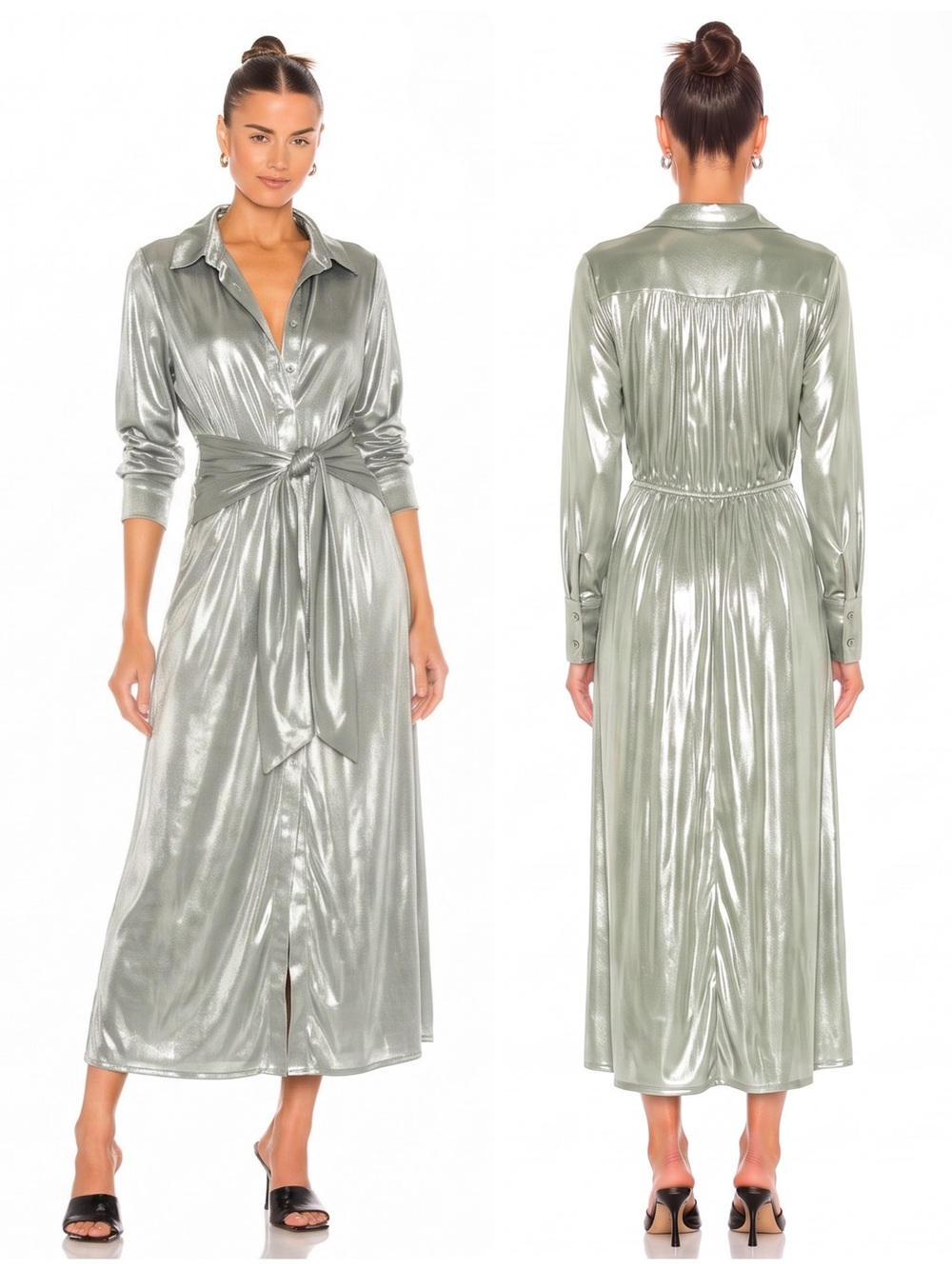 Young Fabulous & Broke Metallic Sage Tie-Waist Button Down Shirt Maxi Dress NWOT